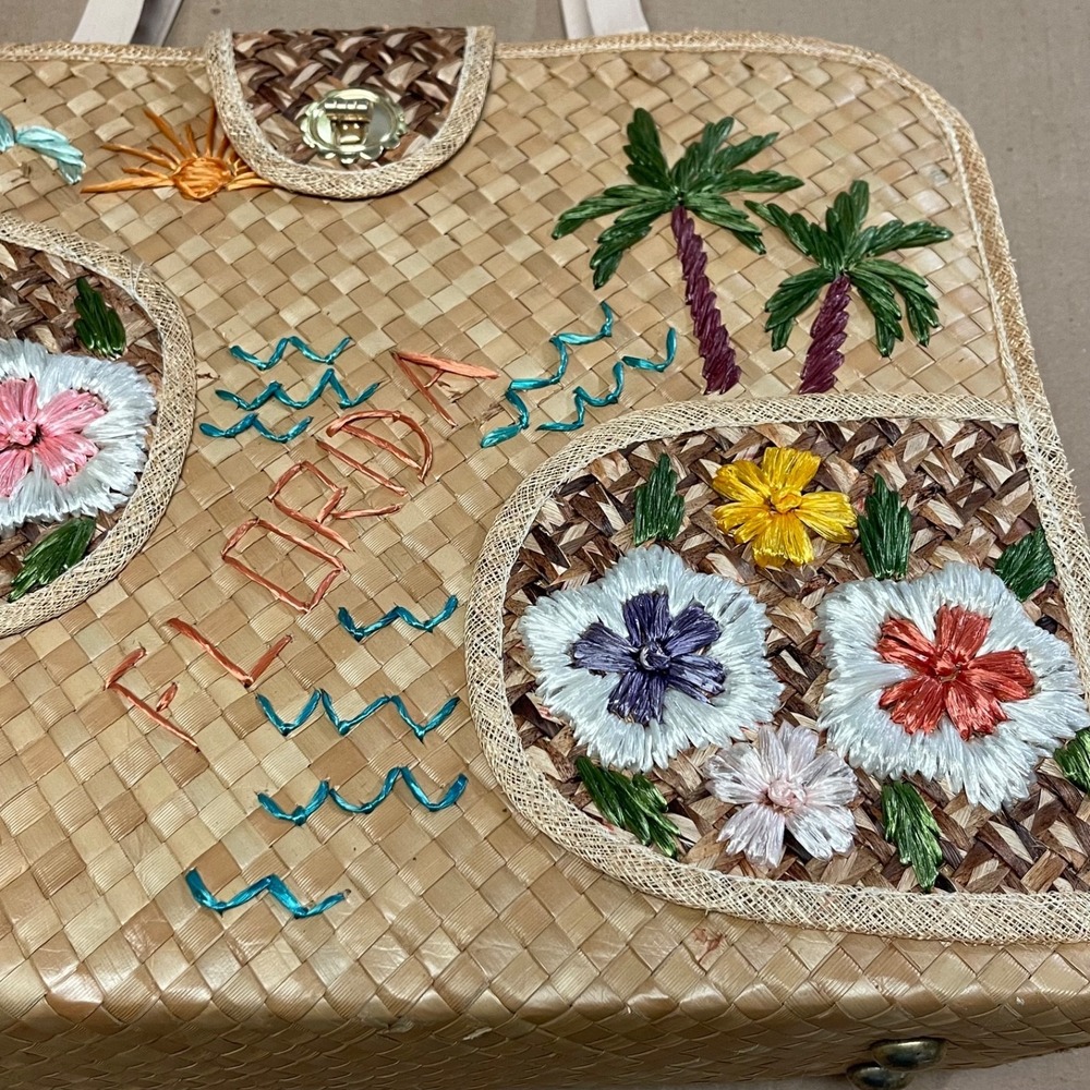 Vintage Mid Century Straw "Florida" Lined Souvenir Embroidered Tote 1950s 1960s - Picture 2 of 14